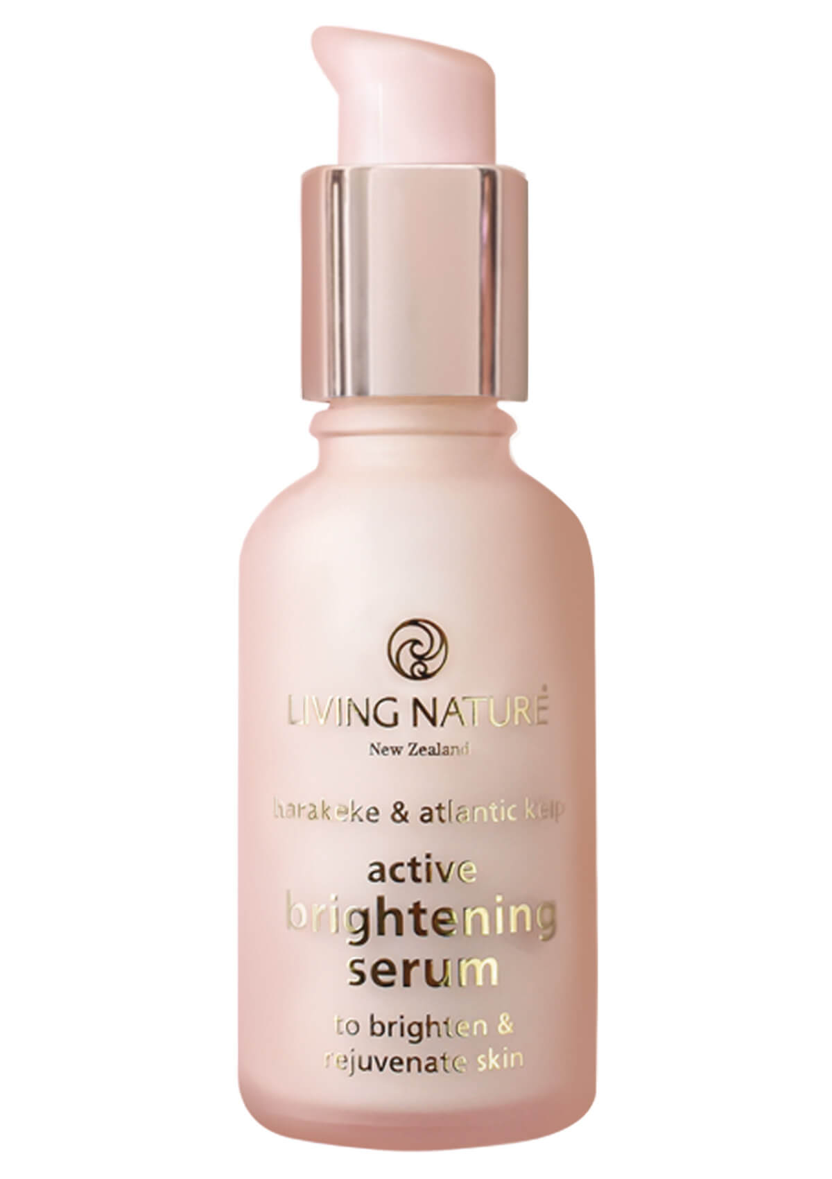 Active Brightening Serum in einer rosafarbenen 30 ml Galsflasche und goldener Schrift mit Pumpspender
