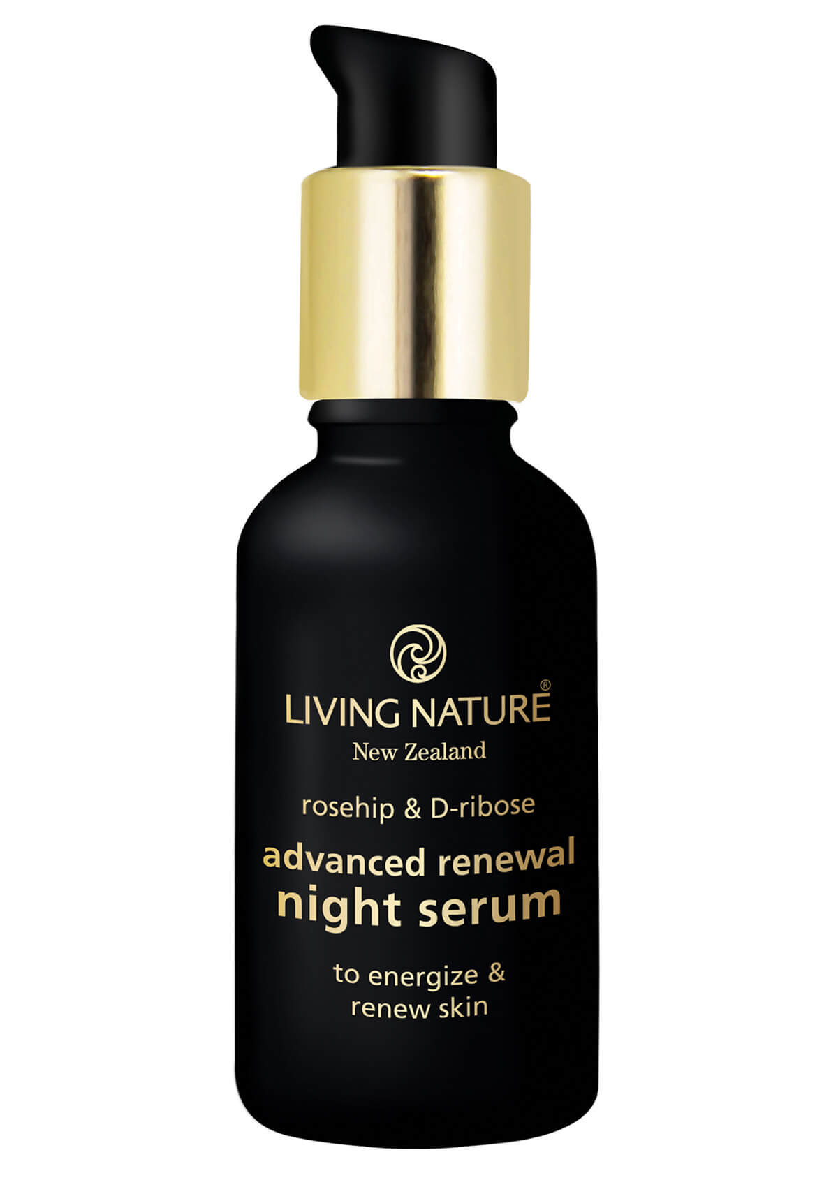 schwarze Glasflasche mit goldenem Pumper und goldener Schrift