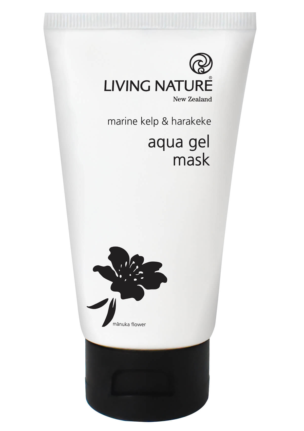 Aqua Gel Mask in einer weißen 75ml Tube mit einer schwarzen Manukablüte und einem schwarzem Schnappverschluss