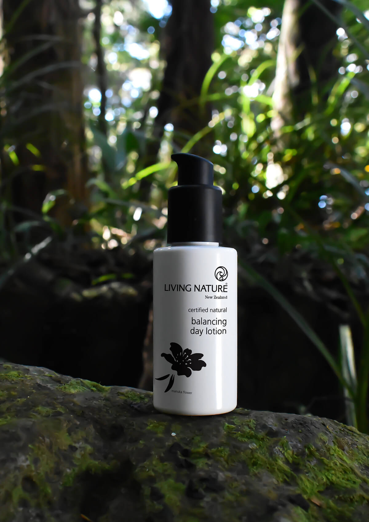 Balancing Day Lotion Spender steht auf einem Stein im Wald