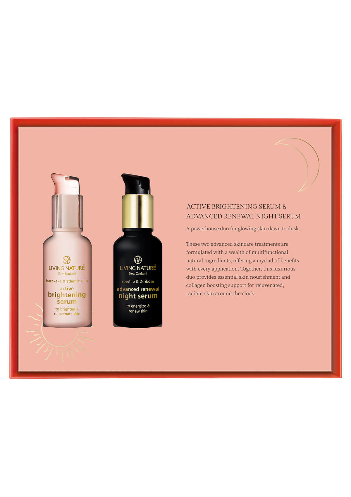 geöffnete Geschenkverpackung mit Active Brightening Serum und Advanced Renewal Night Serum. Rechts daneben eine Beschreibung zu beiden Seren
