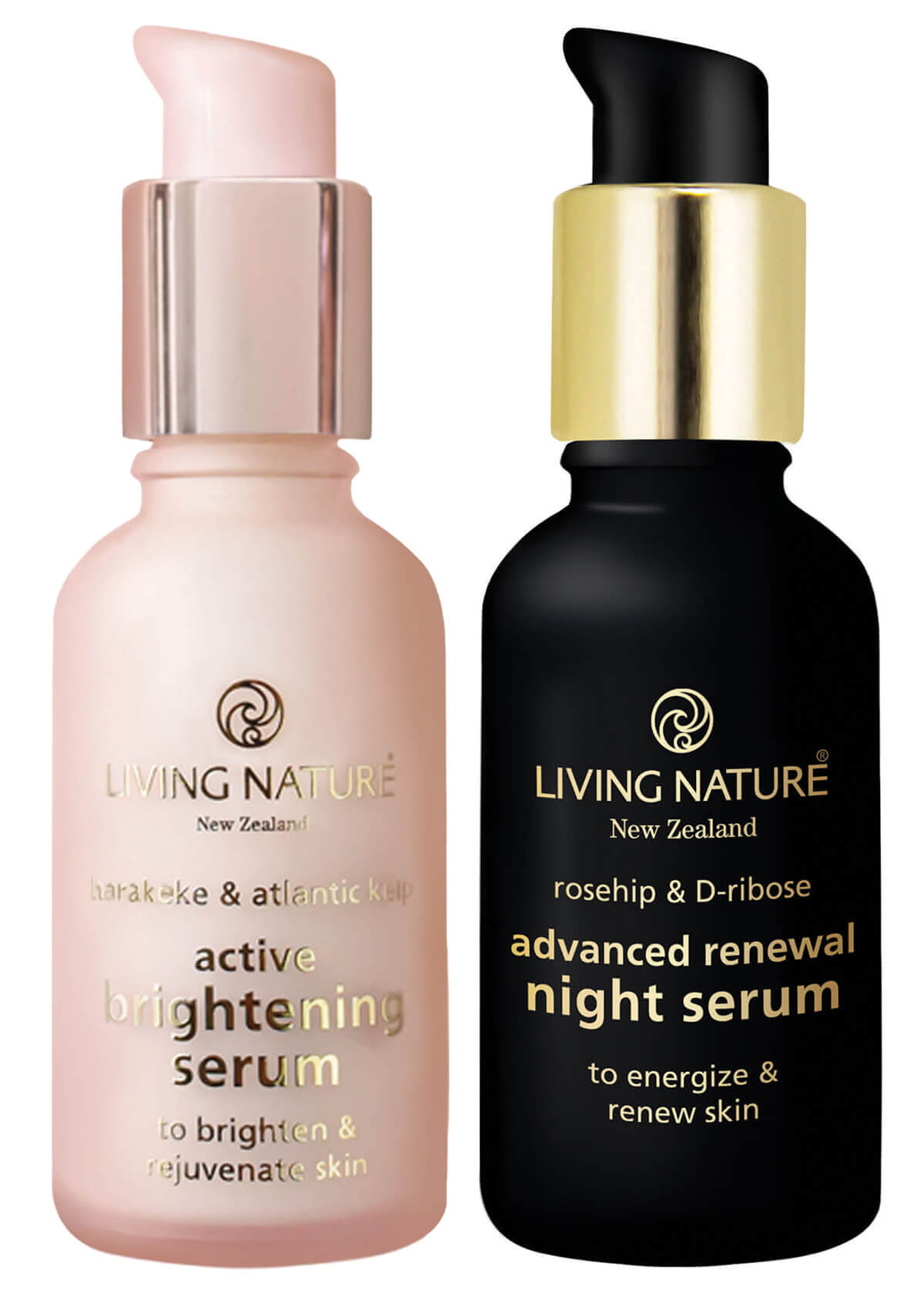 links Active Brightening Serum in rosafarbener Glasflasche mit 30ml, rechts Advanced Renewal Night Serum in schwarzer Glasflasche mit 30 ml. Beide mit goldener Schrift und Pumpspender