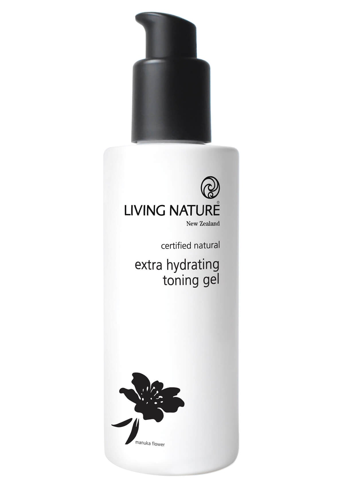 Extra Hydrating Toning Gel in einer weißen Kunststoff-Flasche mit schwarzem Pumpspender. Auf der Flasche ist eine schwarze Manukablüte