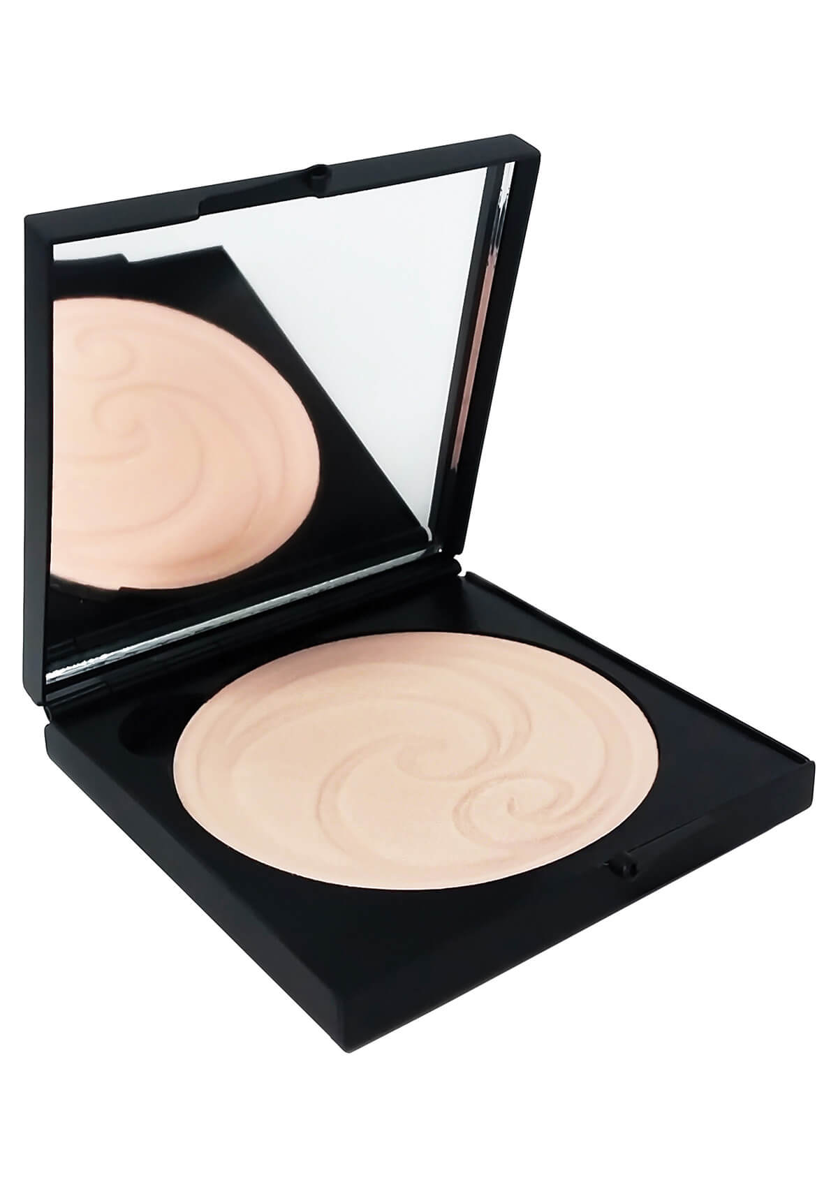Geöffnete Puderschatulle mit Spiegel und hellem Puder als Kringel von Living Nature