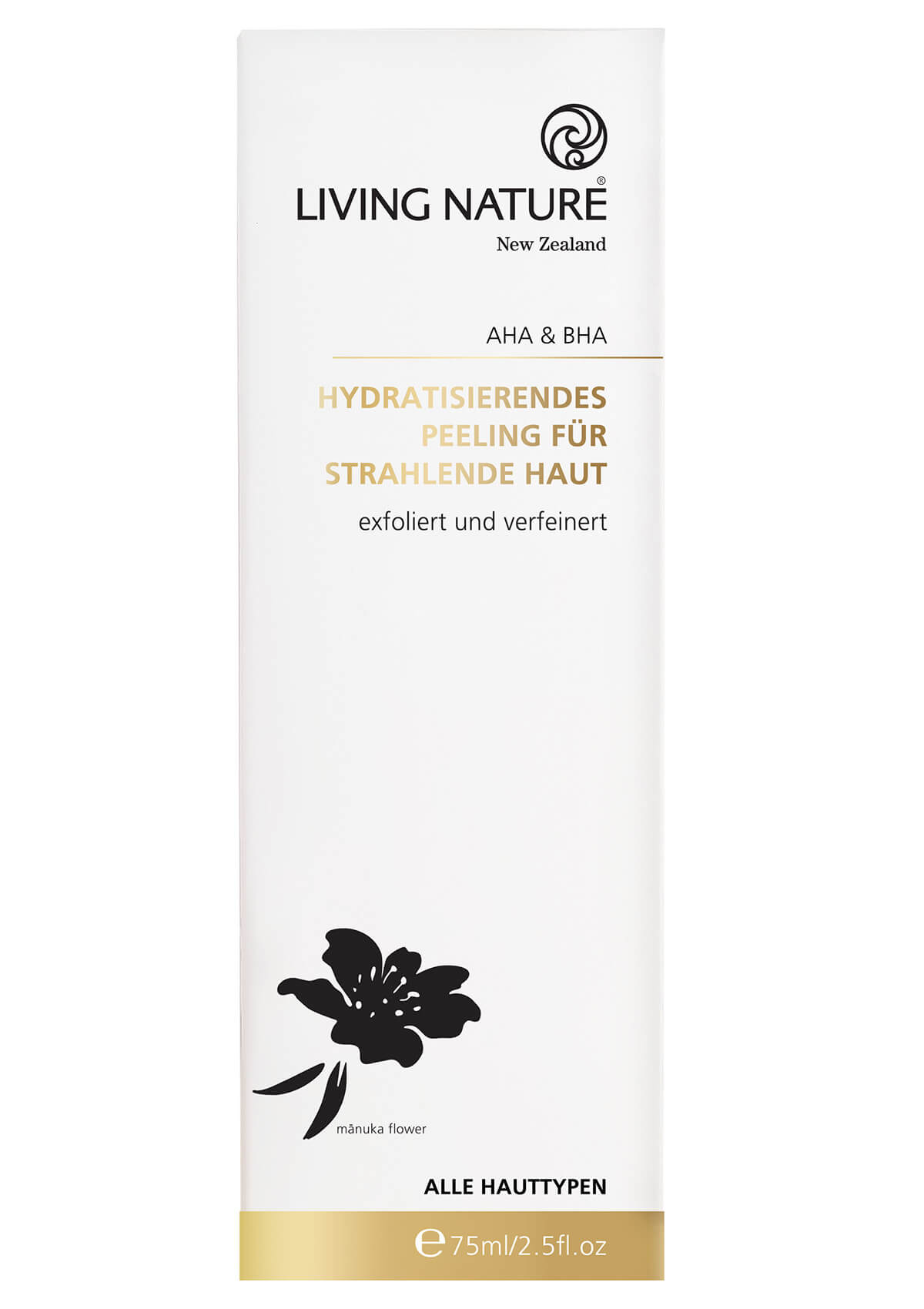 Weißer Umkarton des hydratisierenden Peeling mit schwarzer und goldener Schrift und Details