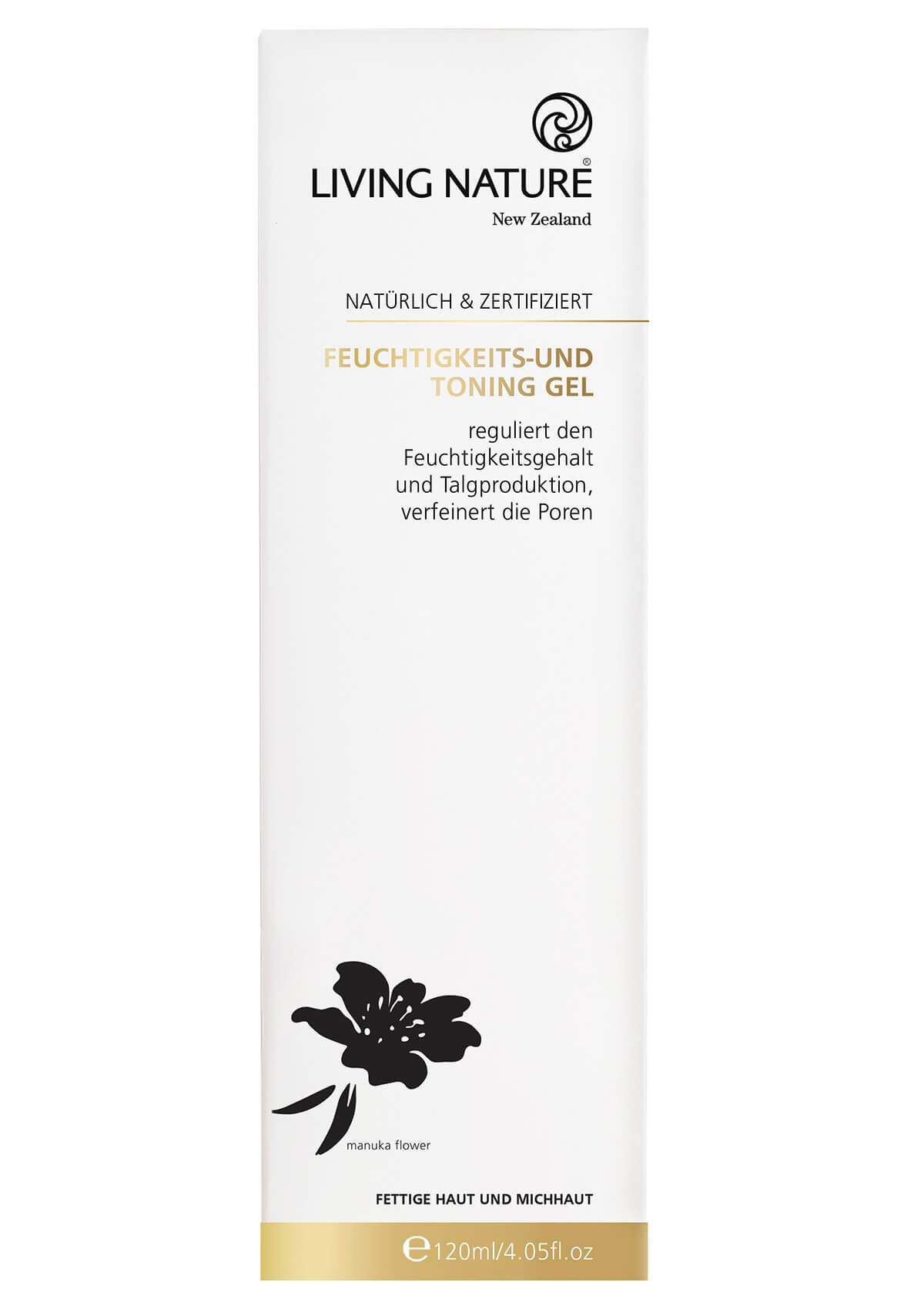 Weißer Umkarton des Hydrating Toning Gels mit schwarzer und goldener Schrift und Details