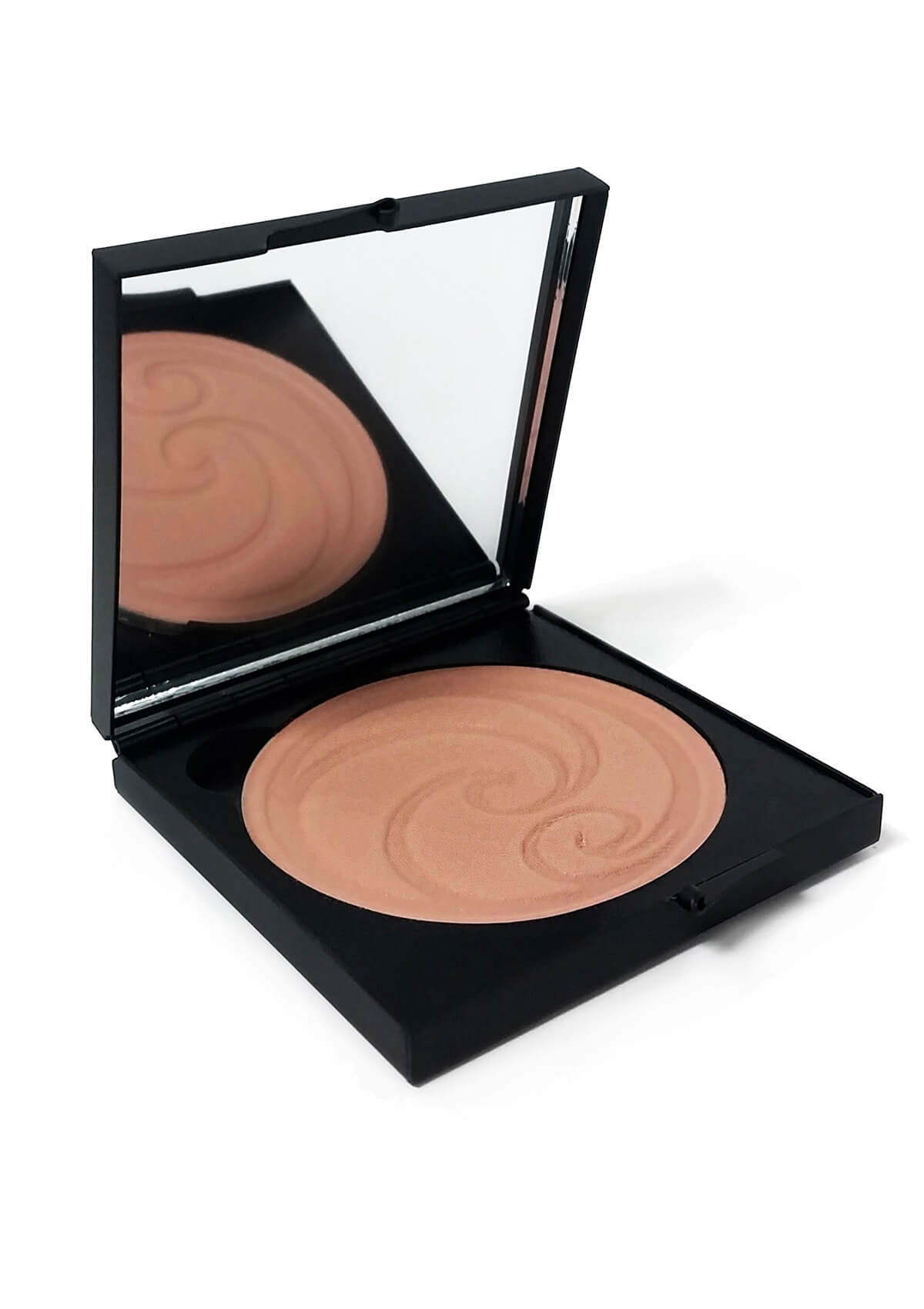 Geöffnete Puderschatulle mit Spiegel und hellbraunem Puder als Kringel von Living Nature