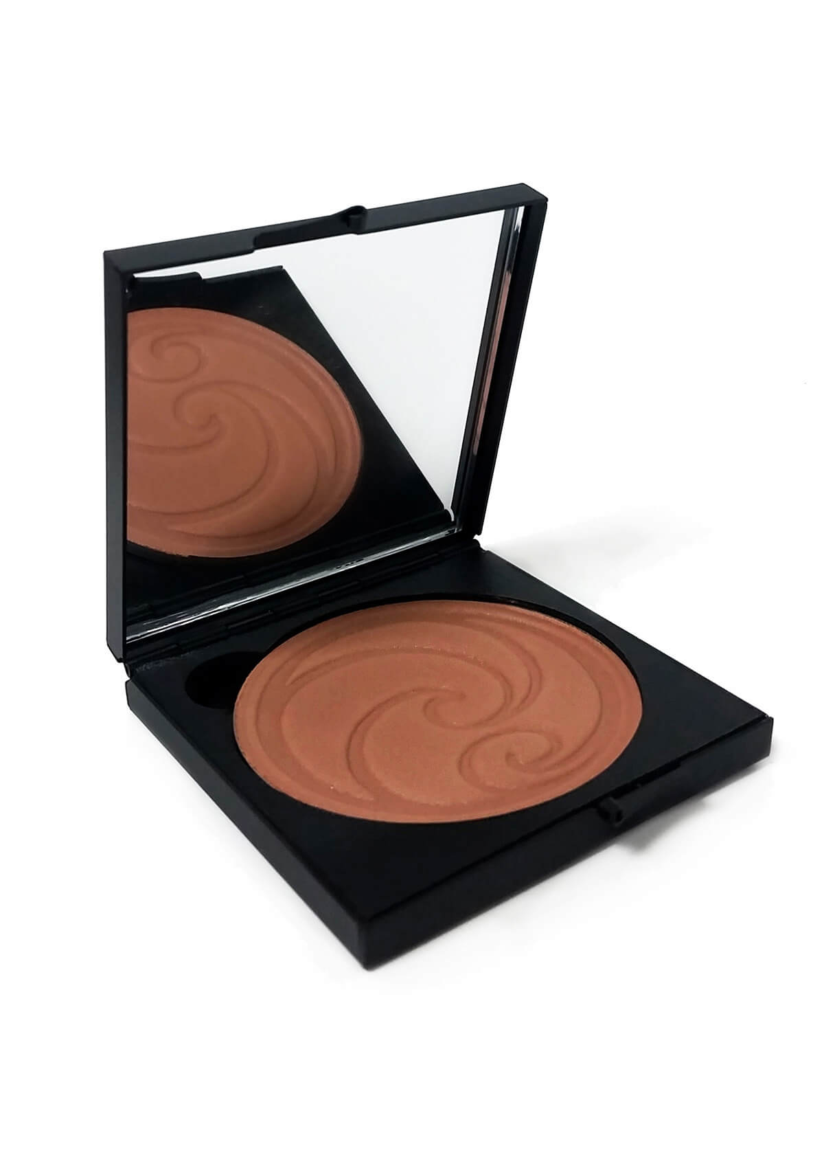 Geöffnete Puderschatulle mit Spiegel und braunem Puder als Kringel von Living Nature