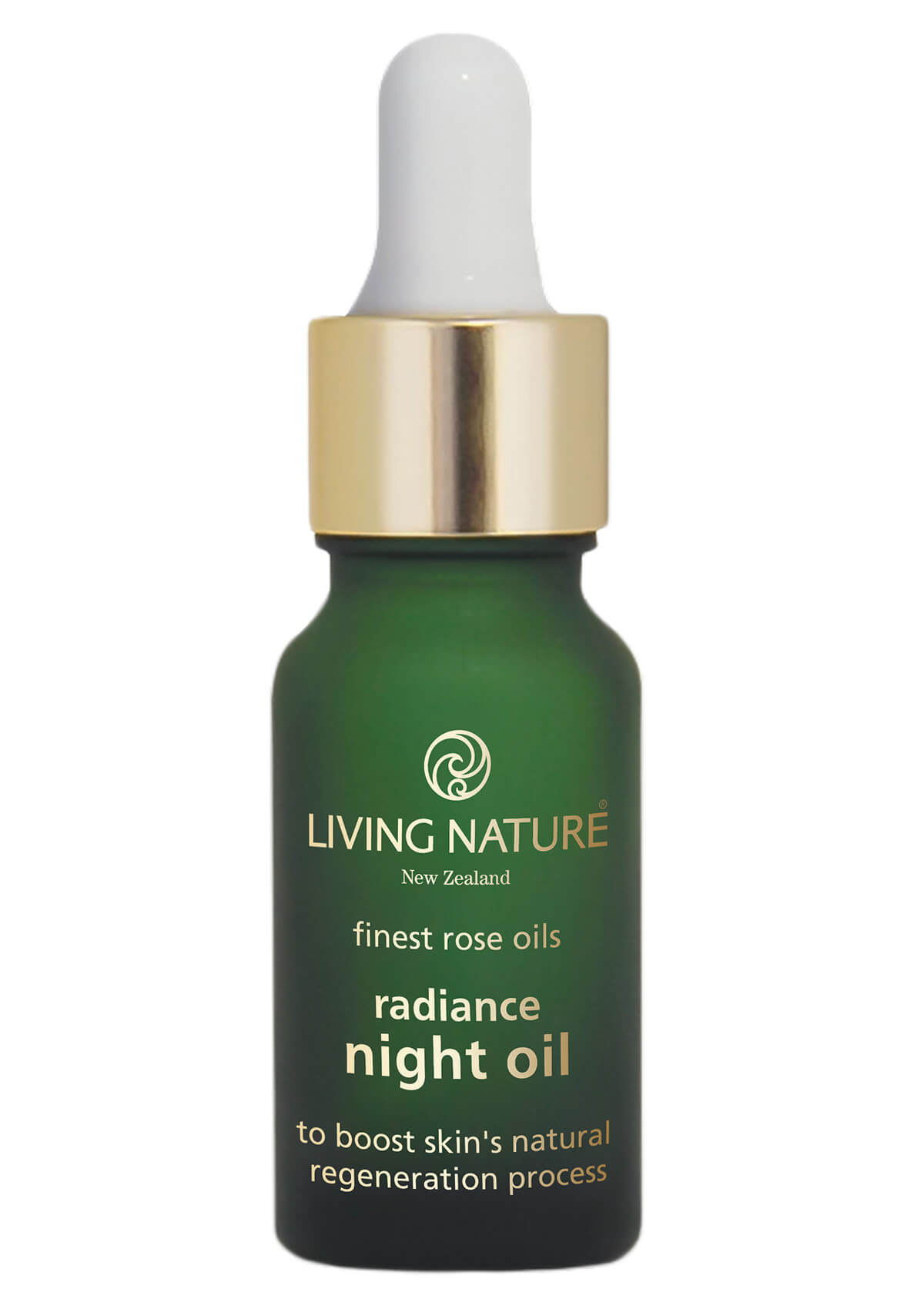 Radiance Night Oil in einer grünen Glasflasche 18ml mit goldenem Verschluss und weißer Pipette