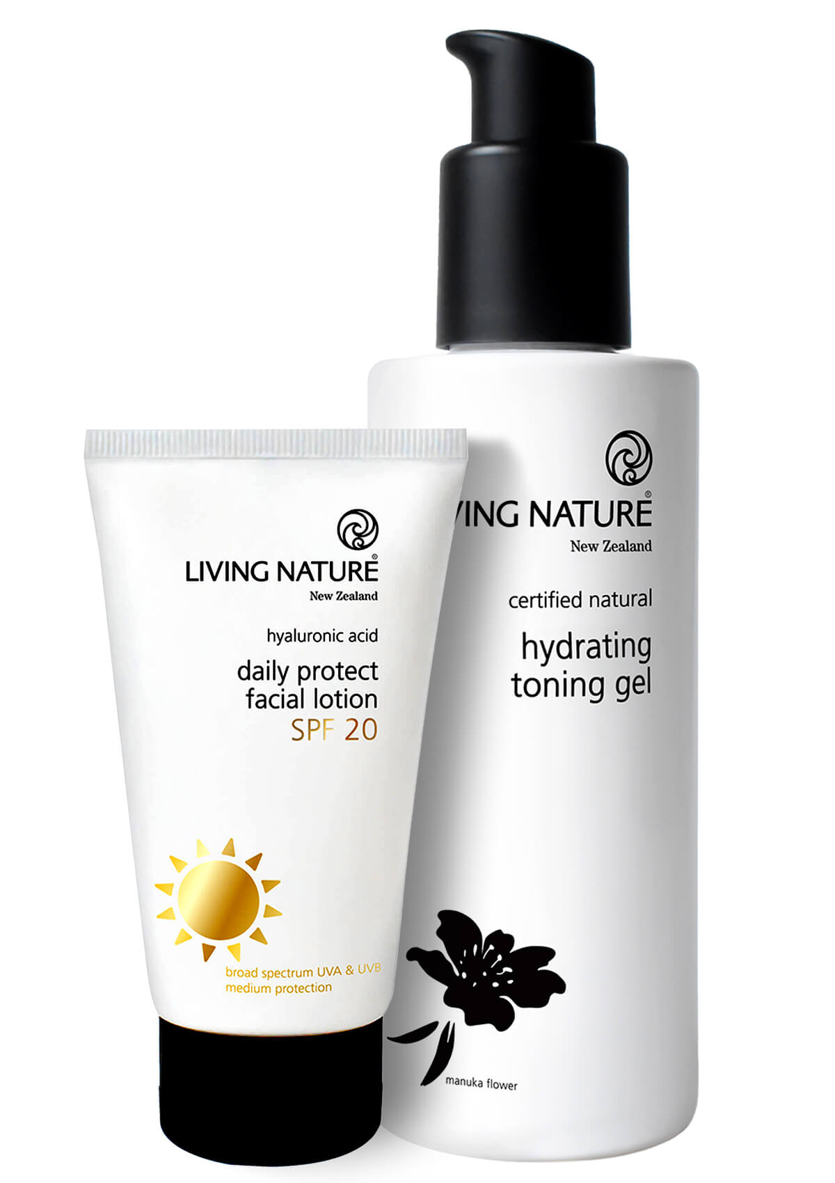 Weiße Tube Daily Protect LSF20 und weiße Flasche Hydrating Toning Gel mit schwarzem Pumpspenderkopf stehend freigestellt.