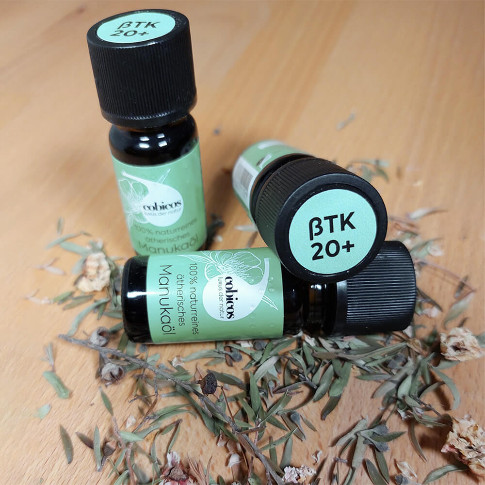 100% ätherisches Manukaöl mit Beta Triketone 20+ in brauner 10 ml Glasflasche mit Kinder-Sicherheits-Schraubdeckel