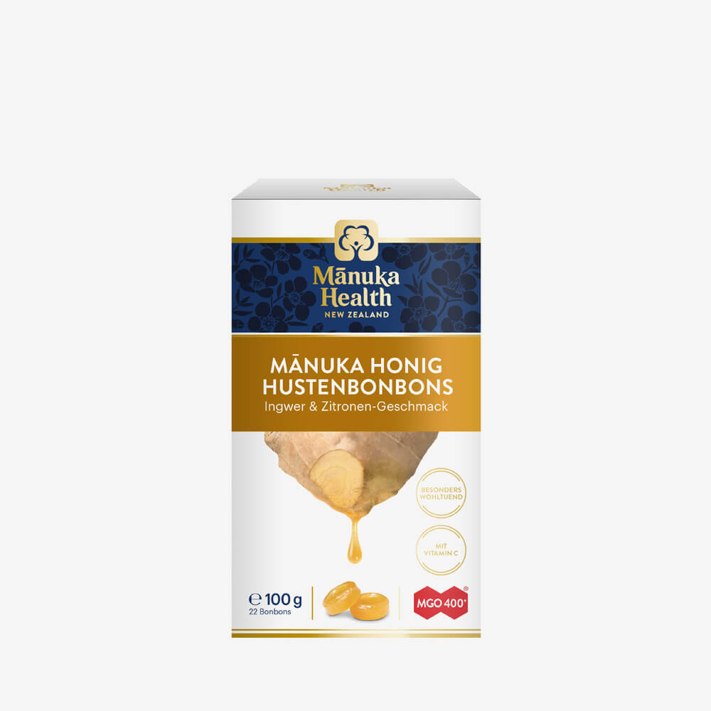 Manuka Health Bonbons mit Ingwer und Zitronen-Geschmack und Manukahonig in bedruckter Papierschachtel, Inhalt 22 Bonbons