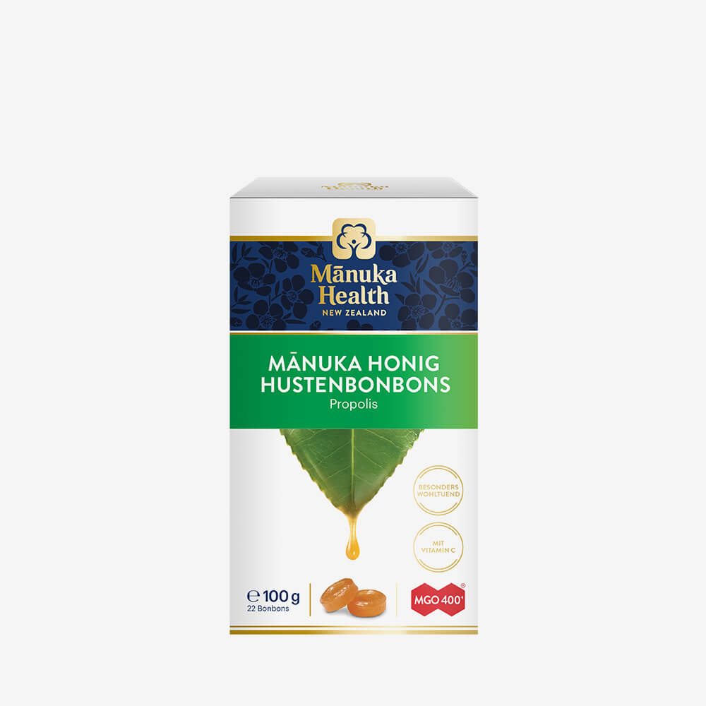 Manuka Health Bonbons mit Propolis in bedruckter Papierschachtel, Inhalt 22 Bonbons