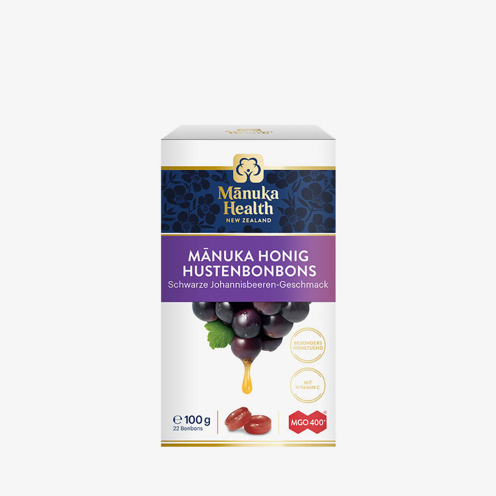 Manuka Health Bonbons mit Schwarze Johannisbeeren-Geschmack mit Manukahonig in bedruckter Papierschachtel, Inhalt 22 Bonbons