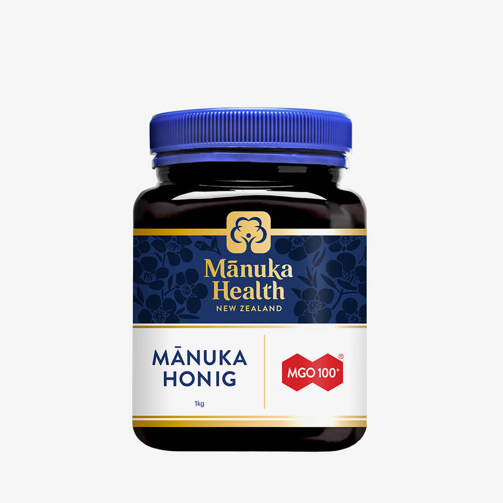 Manuka Health Manukahonig MGO100, 1 Kilo, in brauner PET Dose mit blauem Deckel
