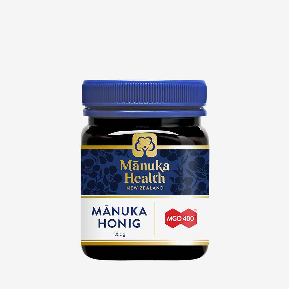 Manuka Health Manukahonig MGO400, 250 gramm in brauner PET Dose mit blauem Deckel