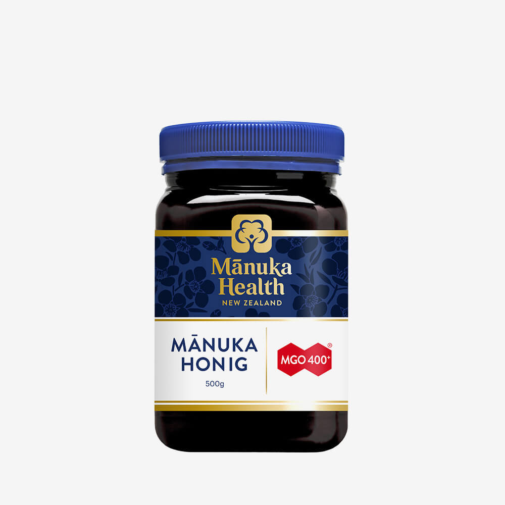 Manuka Health Manukahonig MGO400, 500 gramm in brauner PET Dose mit blauem Deckel