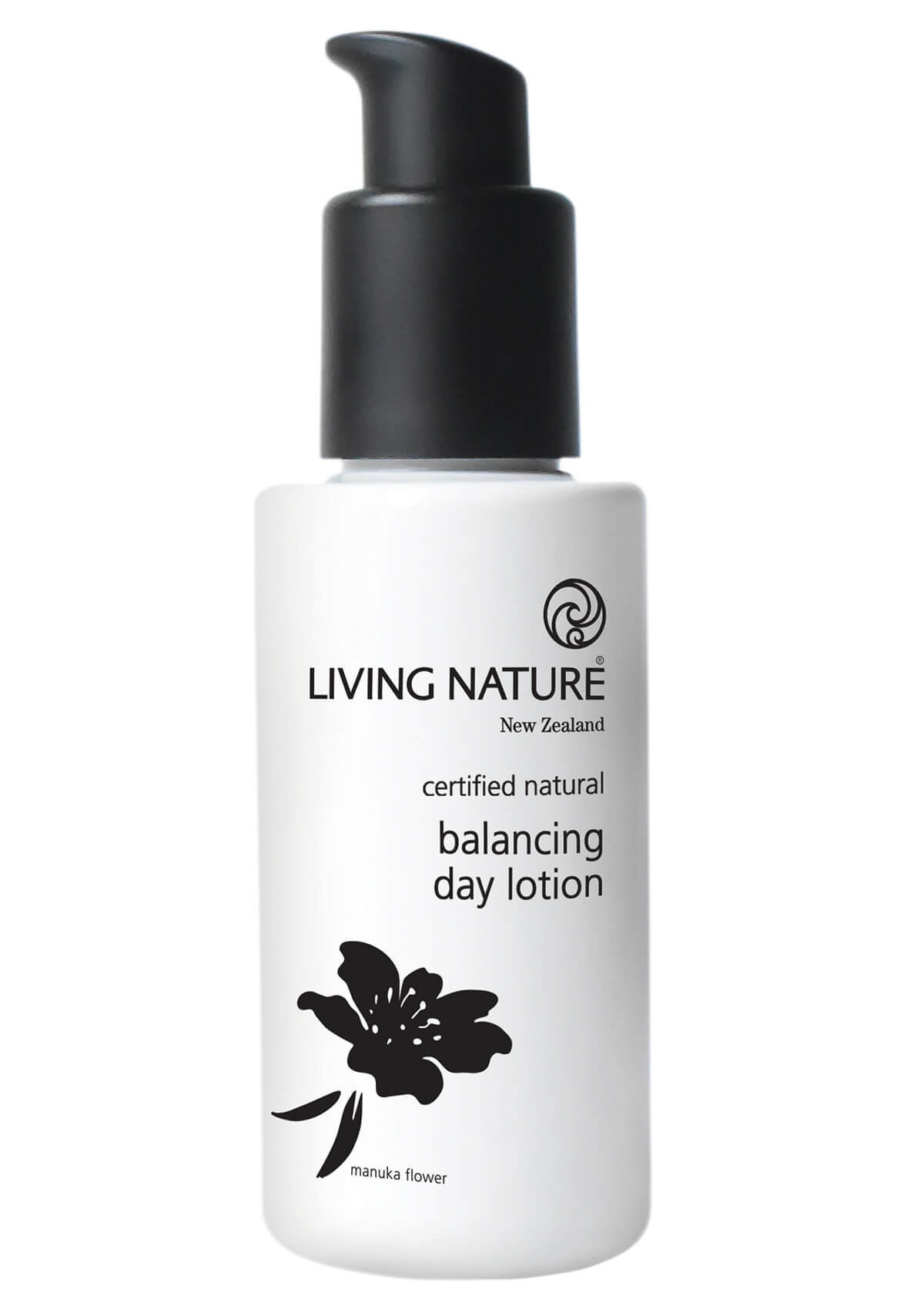 Balancing Day Lotion in einem weißen Kunststoffspender mit schwarzem Druckspender